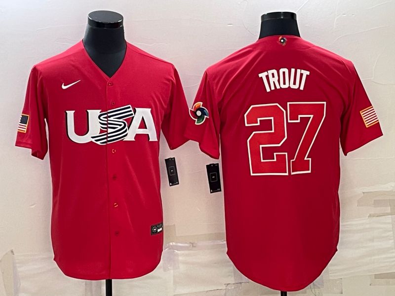 Men 2023 World Cub USA #27 Trout Red Nike MLB Jersey9
